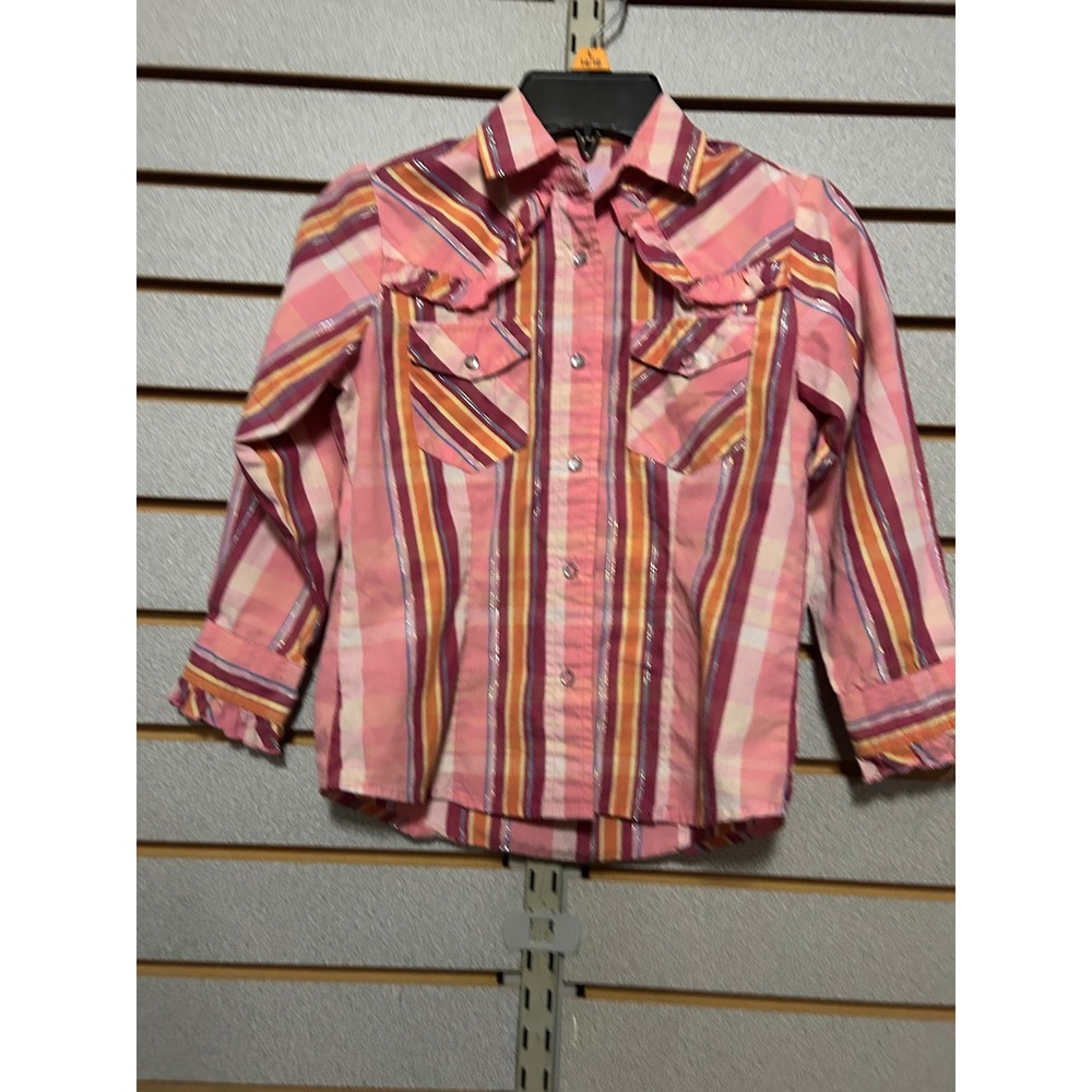 Wired Heart Girls Pink Plaid Western Snap‎ Shirt Ruffle Yoke Metallic Small
